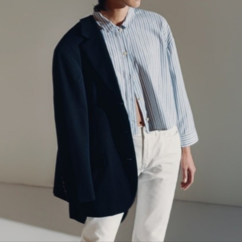 Everlane NWT Blue White Stripes.oversized Boxy. Cropped Pj Top . Button Up Top L